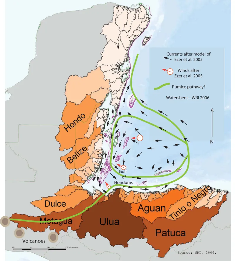 A map that shows wind and current patterns of Belize, Guatemala and Honduras. A map that shows wind and current patterns of Belize, Guatemala and Honduras.