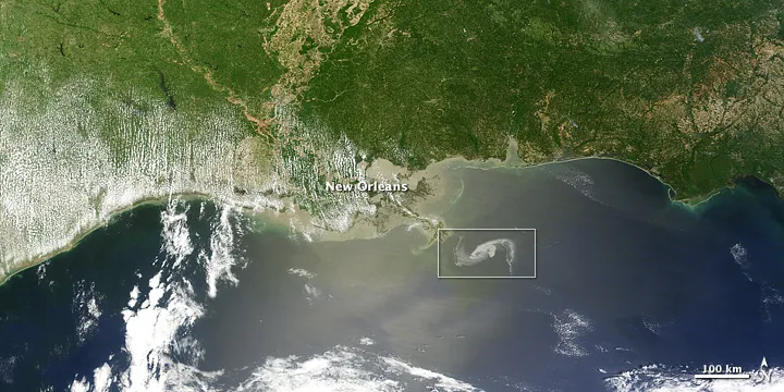 Satellite view of the Gulf Coast oil spill off of Louisiana, April 29, 2010.