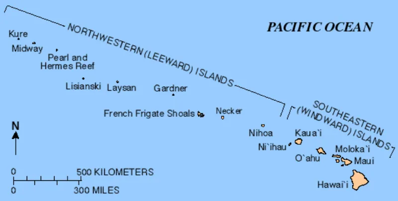 A map of the Hawaiian Islands including the windward and leeward islands. 