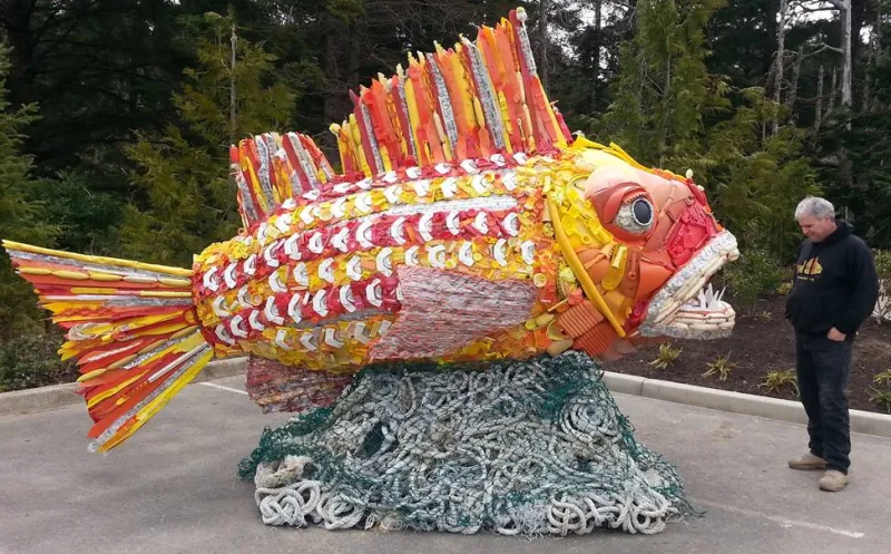 Henry the Fish is made completely out of colorful plastic that washed up on Oregon beaches.