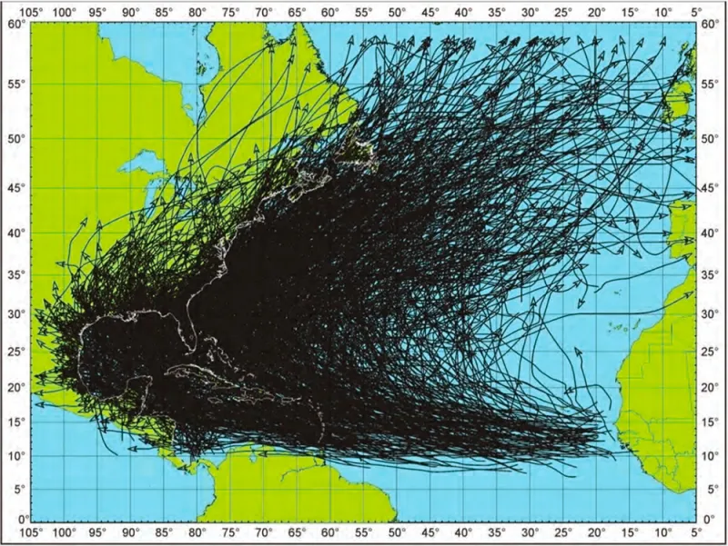 A map of all historical hurricane tracks