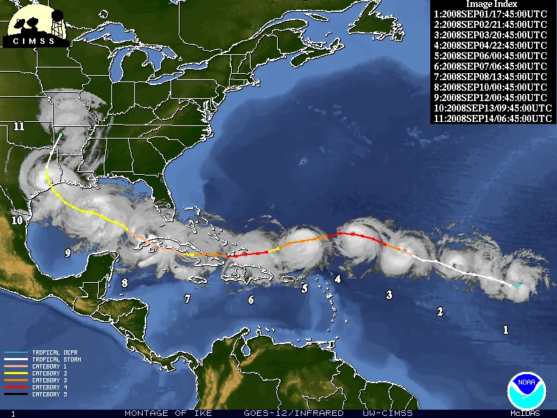 Hurricane Ike Dies Snapshots of Hurricane Ike over several days