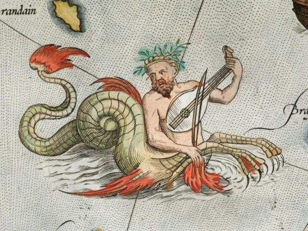 Mythical Creatures on Maps a part human, part horse, part fish on an early atlas