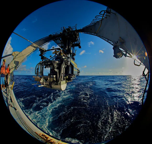 A view out of the tiny window of the Johnson-Sea-Link submersible.