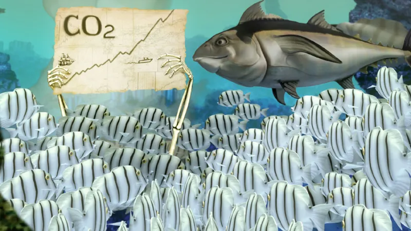 A still from the animated movie showing a skeleton holding a graph that charts rising rising carbon dioxide for a school of fish to see. 
