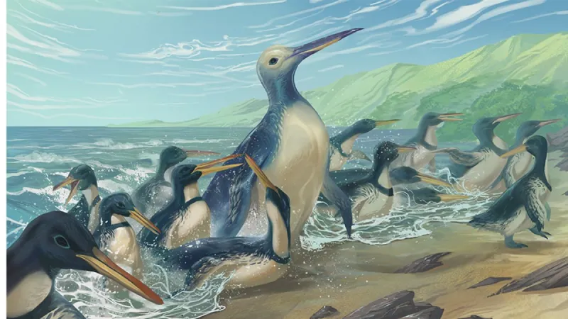 an illustration of a large penguin coming ashore on a beach surrounded by many smaller penguins