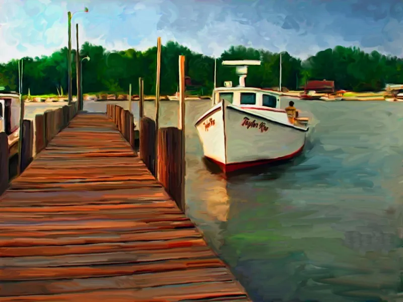 A painting of a working vessel moored at a dock.