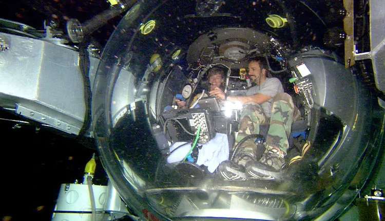 Off the coast of North Carolina, Nizinski and Johnson Sea Link pilot Phil Santos descend through the water column towards the target site.