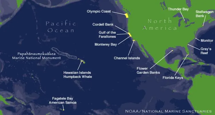 map of the 13 marine protected areas in the United States, that comprise the National Marine Sanctuary system