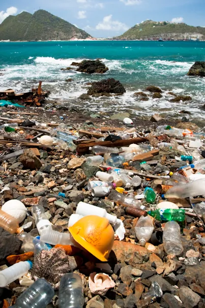 plastic bottles, cans, a yellow hard hat, and other human refuse litters a tropical beach