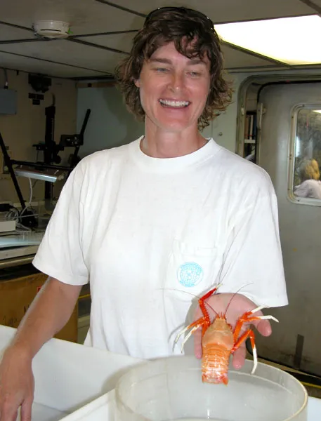 Scientist Martha Nizinski holds a squat lobster (Eumunida picta) collected at the Lophelia reefs off Cape Lookout, North Carolina. 
