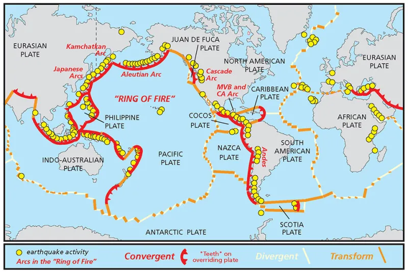 A world map that shows earthquake activity and locations of tectonic shift.
