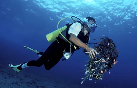 A diver cares for the reef by cleaning up discarded fishing gear and garbage.
