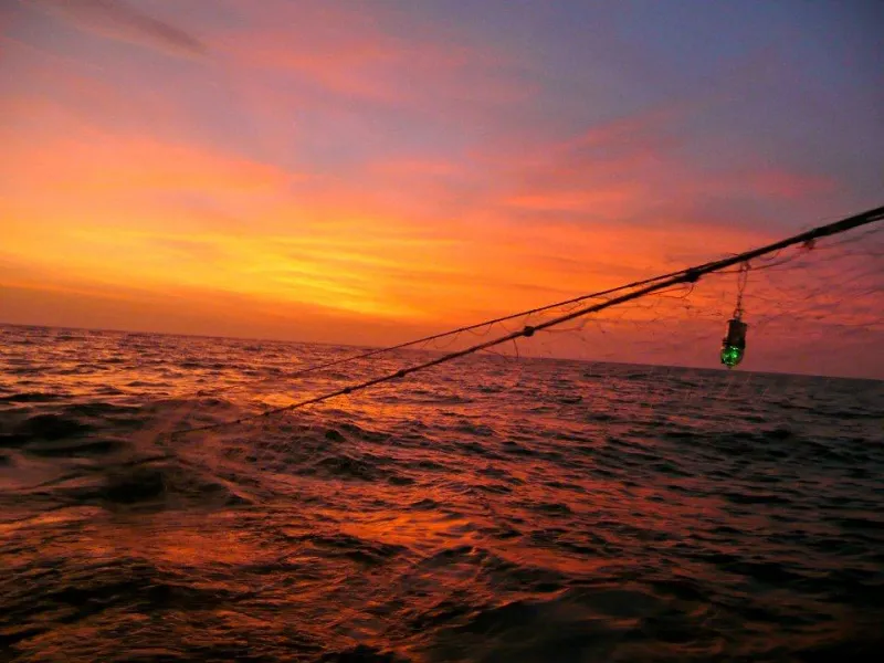 Sunset over a fishing net. 