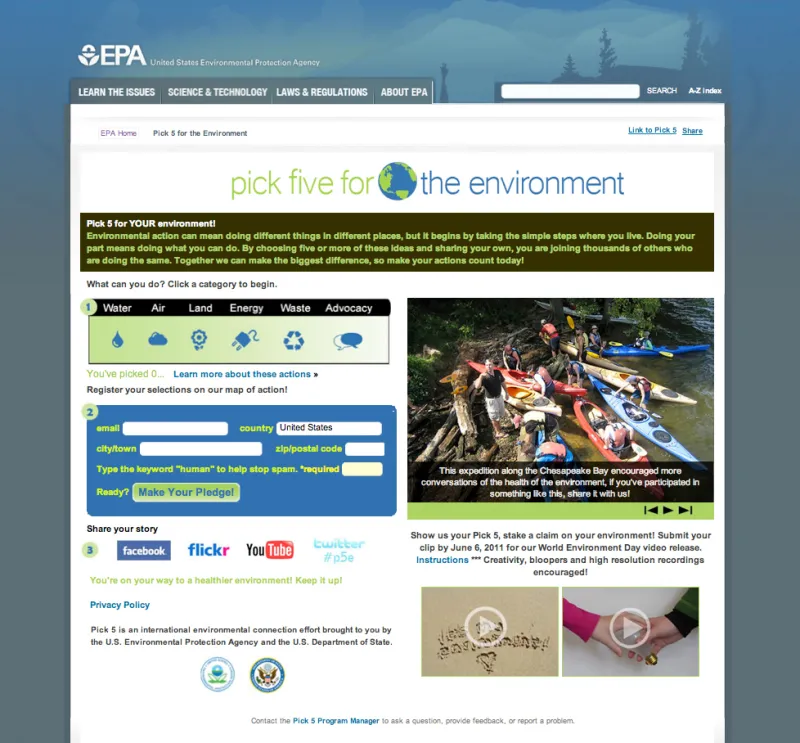 EPA Pick 5 for the Environment website screenshot