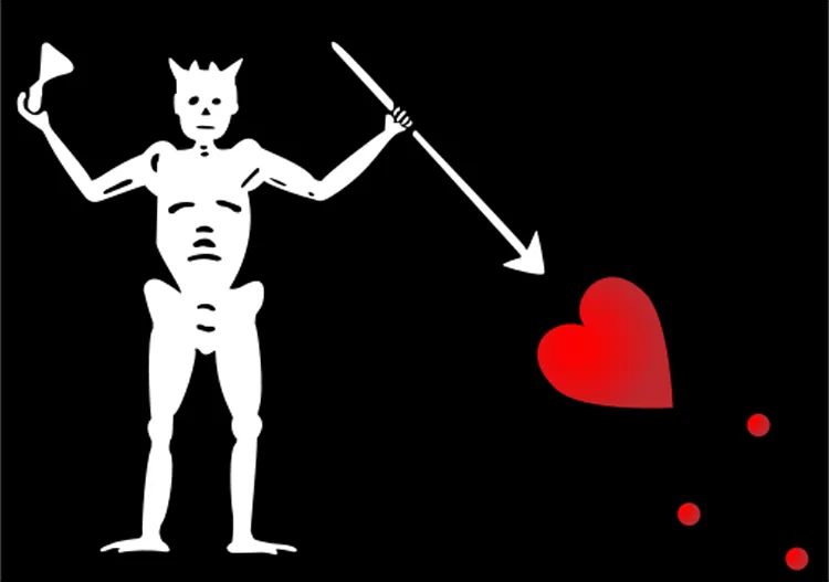 Blackbeard’s flag showed a skeleton piercing a heart and toasting the devil.