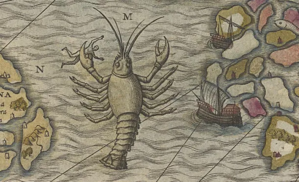 The Many Footed Beast A lobster like beat on an old map