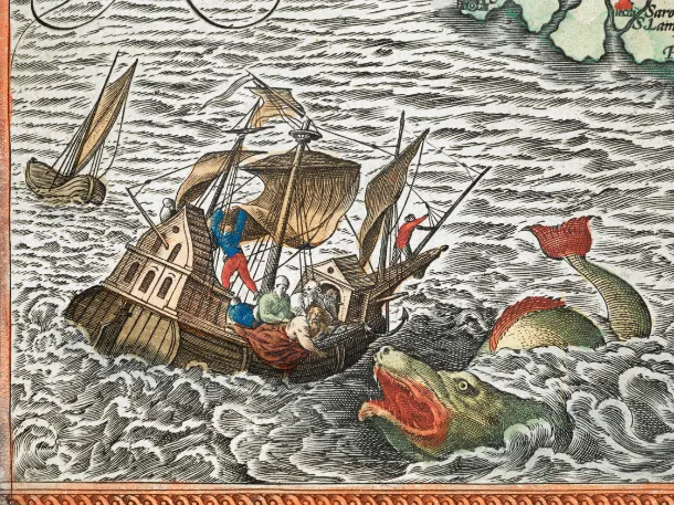 A sea monster attacks a wooden ship