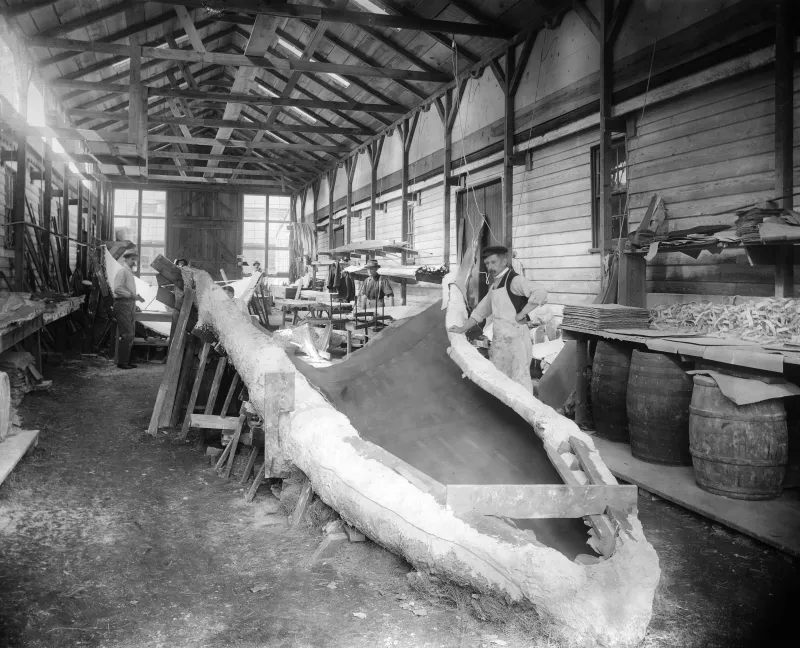 Workers in a shed preparing the cast of the blue whale