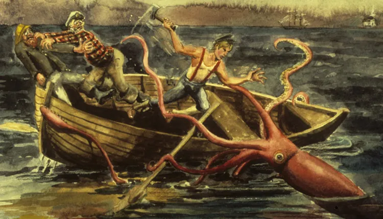 Giant Squid Myth A giant squid attacks a boat in a painting.