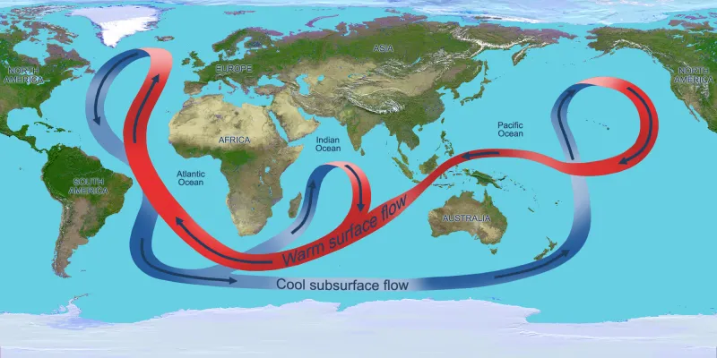 a ribbon on the globe represents oceanic currents