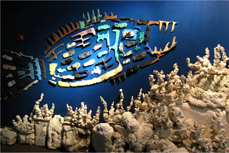 A fish made from pieces of plastic found on the beach swims above a bleached reef made of Styrofoam. 