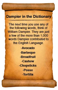 The next time you use any of the following words, think of William Dampier. They are just a few of the more than 1,000 words Dampier contributed to the English language: Avocado, Barbeque, Breadfruit, Cashew, Chopsticks, Posse, Tortilla.