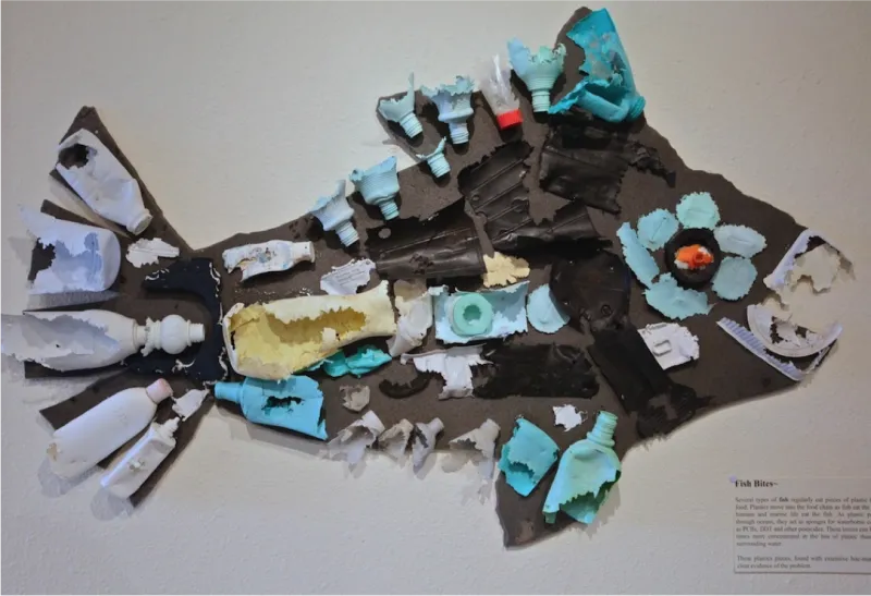 The Fish Bite Fish is made exclusively from pieces of plastic that washed ashore with bite marks from fish and other animals to make the point that animals trying to eat floating plastic is a real problem.