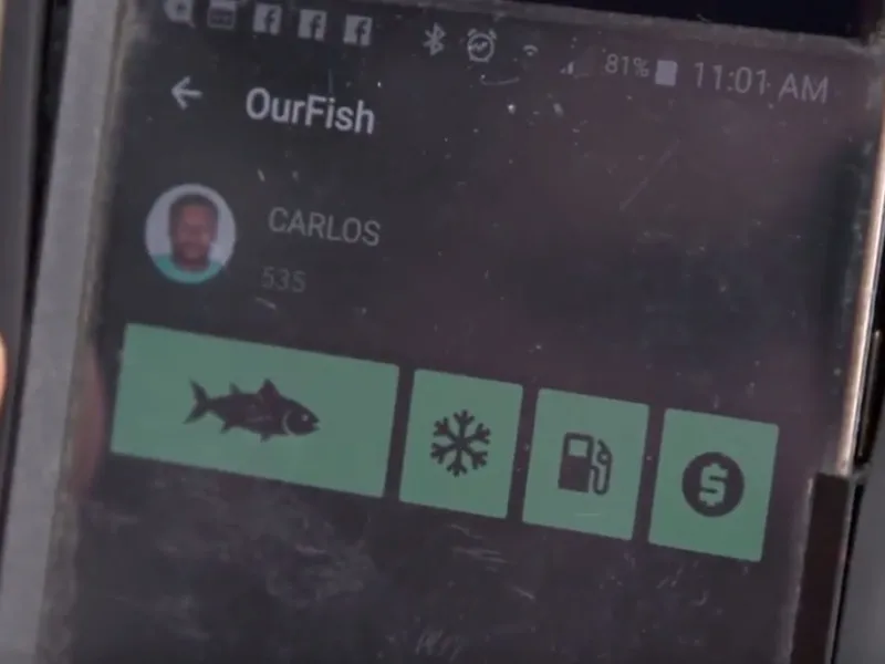 An image of a cell phone displaying the Fish App.