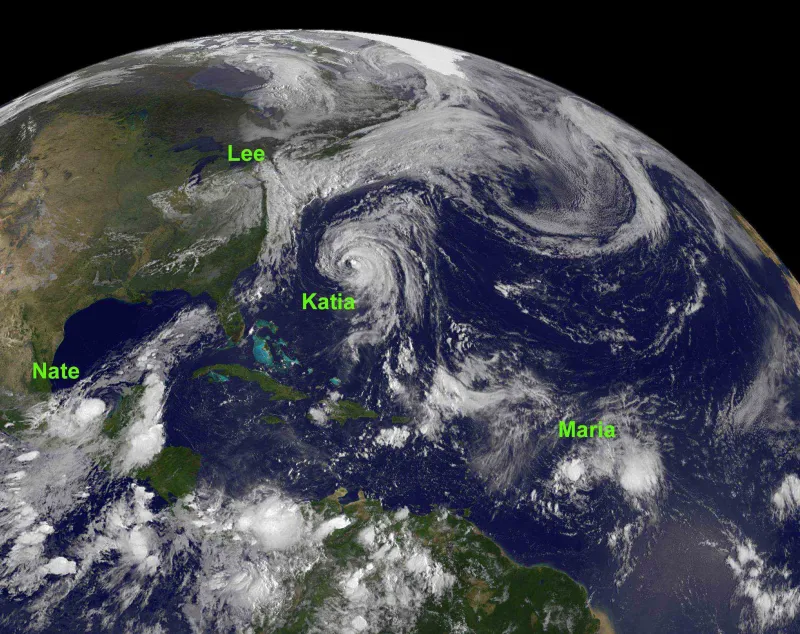 NOAA satellite image of four tropical storms in the Atlantic Ocean basin on 9/8/2011