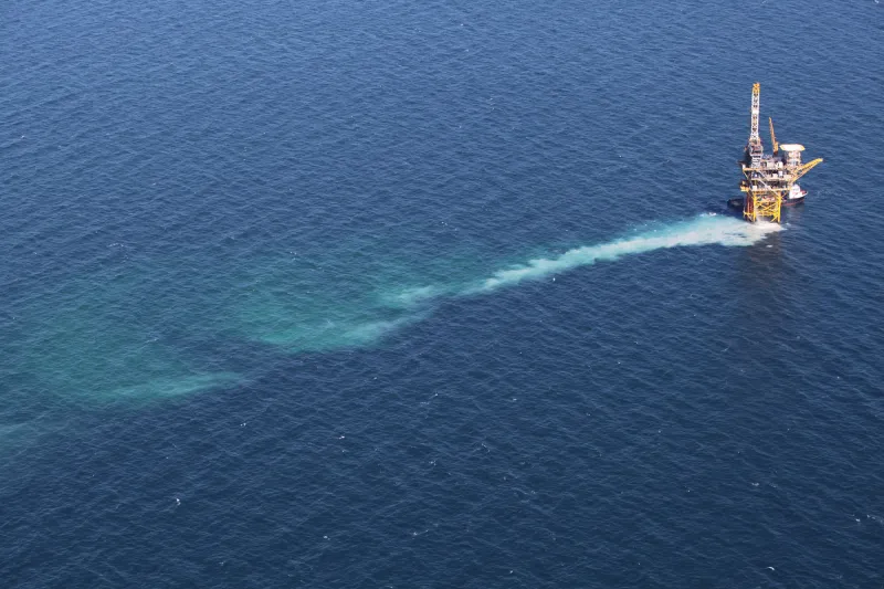 An oil drilling platform in oil-free water two years after the Deepwater Horizon oil spill in the Gulf of Mexico.
