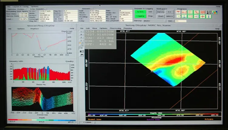 This computer screen image shows views of each sonar beam and the path being mapped by the ship.