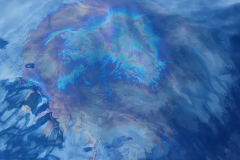 This rainbow sheen on the sea surface is what it looks like when the oil bubbles make it to the sea surface. 