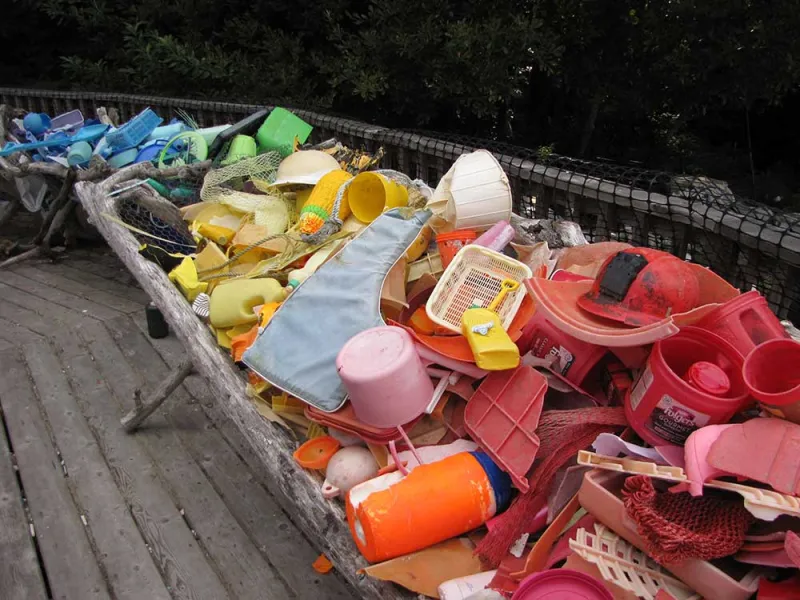 Plastic sorted by color. 