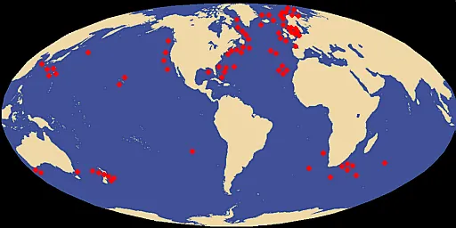 a map with red pinpoints
