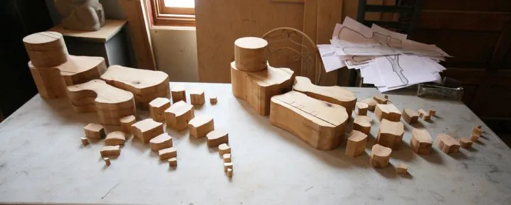 Blocks of newly cut wood in the shape of bones.