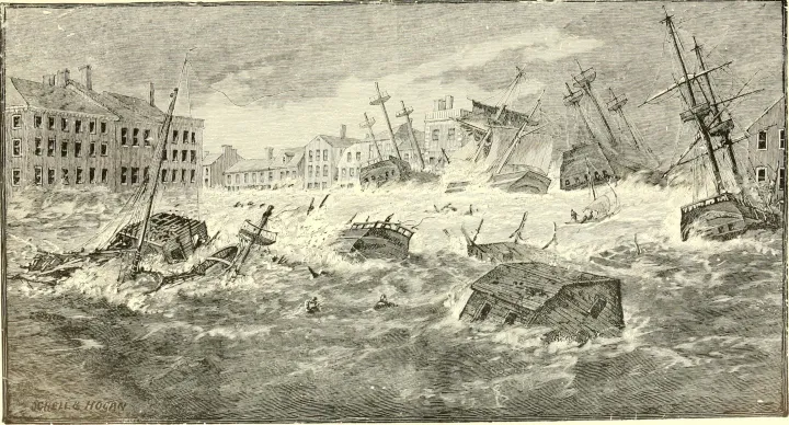 wooden ships are swept into Providence, RI during a storm