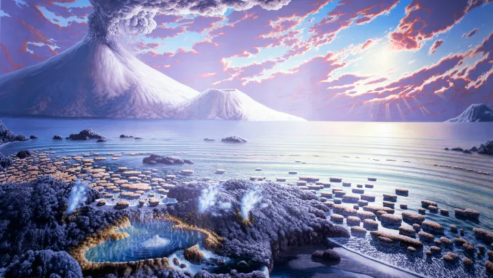 An artistic rendering of an ocean landscape as it may have looked during the Archean Eon. 