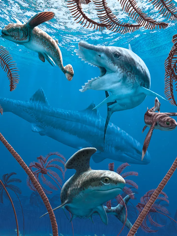 a bunch of fish, including a shark, in a forrest of sea lilies
