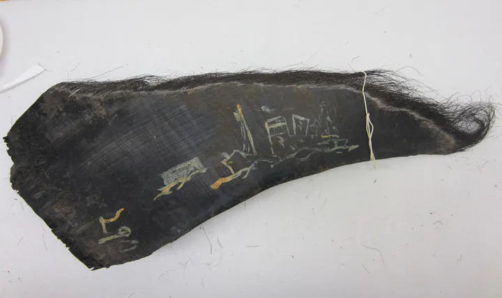 A baleen plate with a drawing of a ship in paint