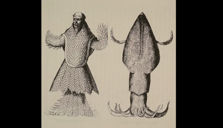 Illustration of a giant squid versus a merman. 
