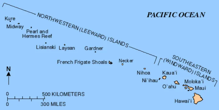 A map of the Hawaiian Islands including the windward and leeward islands. 