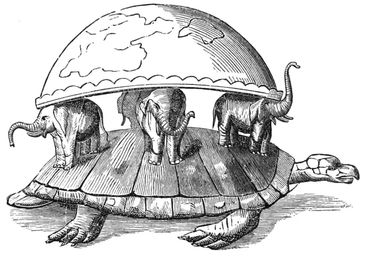 a sea turtle hold four elephants and the world on its back