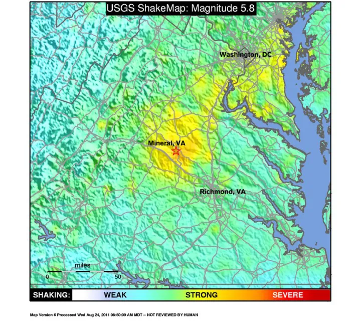 a colored shakemap from the M5.8 Virginia Earthquake depicts the shake range and epicenter of the earthquake