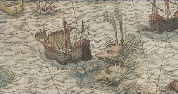 Two whales attack a ship on a map