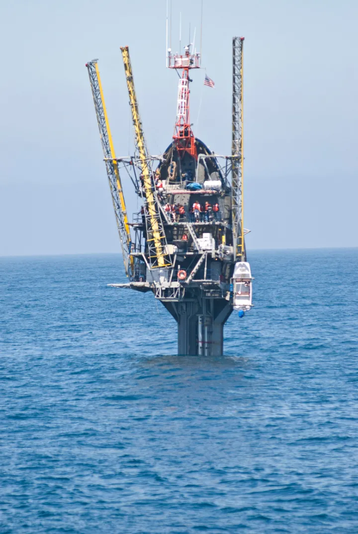Scripps Institution of Oceanography's FLoating Instrument Platform, or FLIP, conducts sea trials off San Diego in May 2009.
