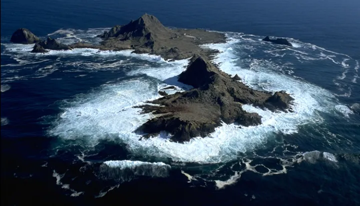 An aerial view of the rocky islands that make up the Gulf of the Farallones.