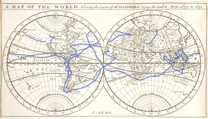 This map shows the route of Dampier’s first voyage around the world.