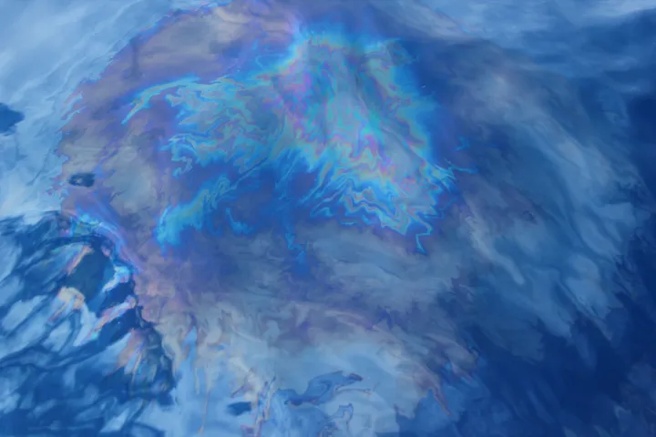 This rainbow sheen on the sea surface is what it looks like when the oil bubbles make it to the sea surface. 
