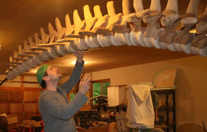 Ken Hall by his whale bone sculpture.